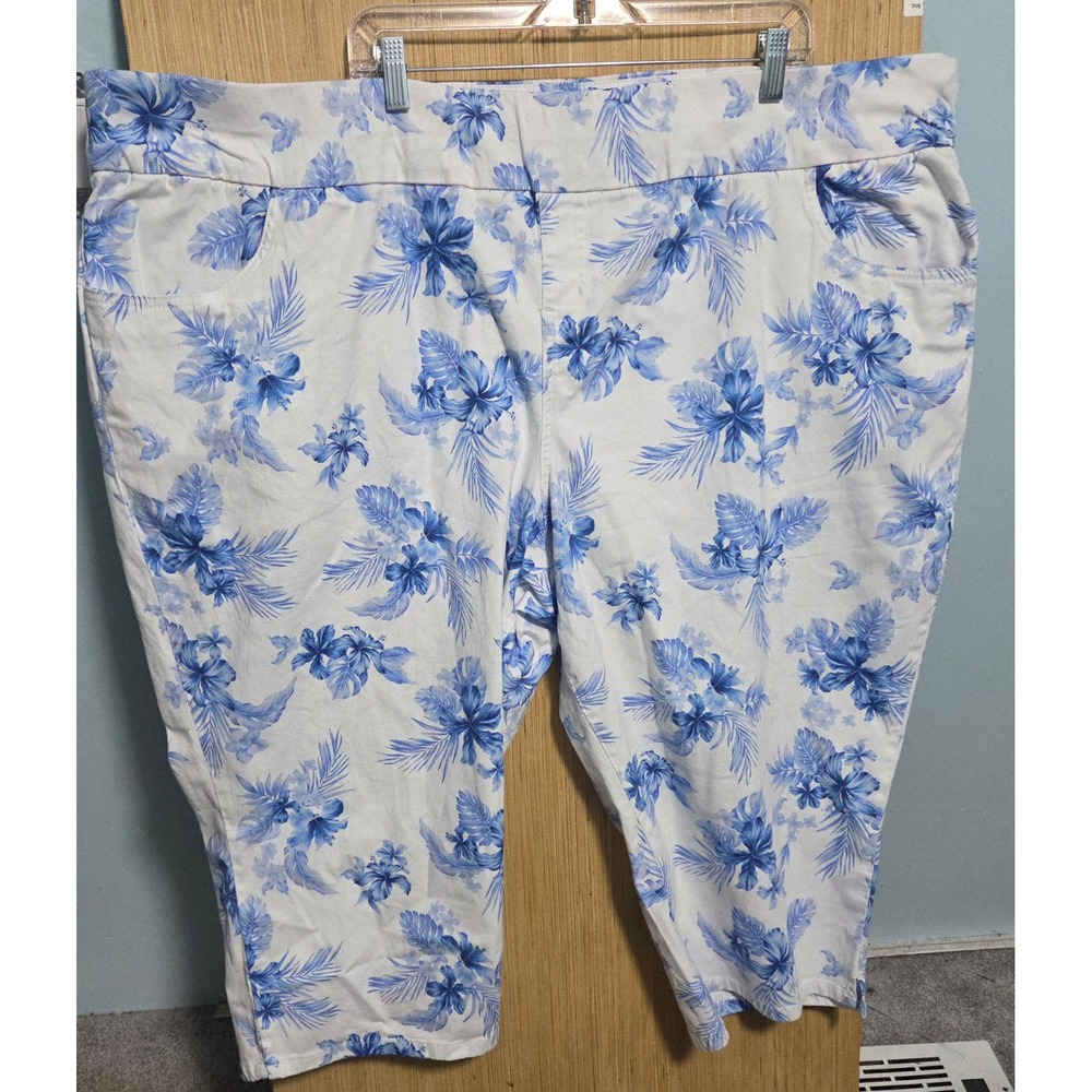 Woman Within Sz 34W Blue White Floral Tropical Capri Pants Petite Pull On Crop